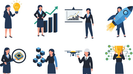 Fototapeta premium Businesswoman in various poses and actions demonstrating different business concepts vector illustration set.