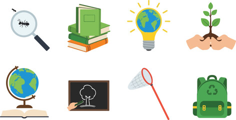 Collection of educational and nature-themed items includes magnifying glass books earth globe backpack with nature elements. © MDMUKTADIR