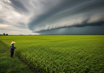 Fototapeta premium Farmer in a rice field under a dramatic storm cloud formation