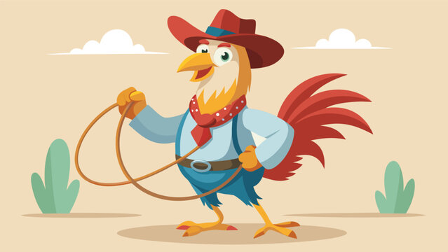 Rooster cowboy with lasso on a sunny desert ranch playful western farm character, country adventure, and cartoon hero illustration