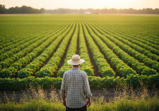Farmer in straw hat surveys vast green soybean field at sunset