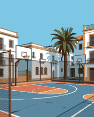Basketball Illustration, Dynamic Sports Artwork, Court Action Scene with Dramatic Lighting © wadih