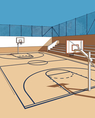 Basketball Illustration, Dynamic Sports Artwork, Court Action Scene with Dramatic Lighting © wadih