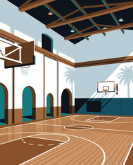 Basketball Illustration, Dynamic Sports Artwork, Court Action Scene with Dramatic Lighting © wadih