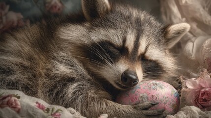 Obraz premium Whimsical spring time: raccoon with colorful egg. Poster graphics. Lively spring scene with raccoon and festive easter eggs. Cinema artwork. Drama poster.