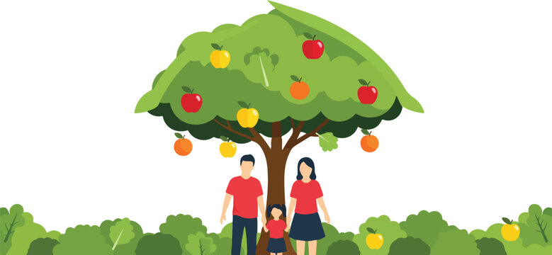 Family under green apple tree, abundance, healthy life, fruit bearing, nature, healthy family, outdoors, park, lifestyle.