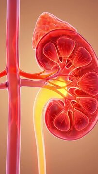 Detailed 3d illustration of human kidney anatomy with adrenal gland, artery, and ureter, suitable for medical education, health awareness, scientific research, and biology studies.