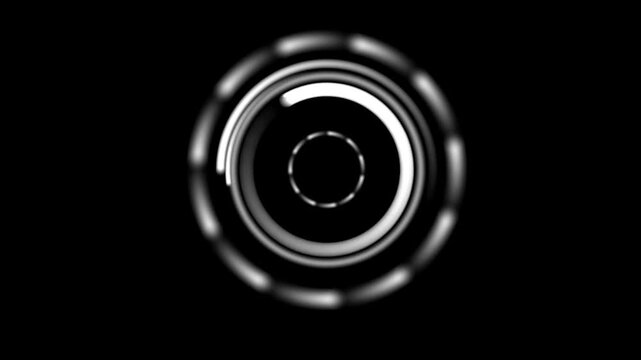 Abstract Futuristic Rotating Circular HUD Interface with Glowing Rings on Black Background Loop
