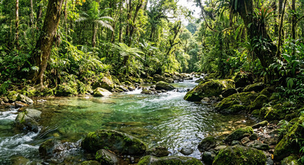 Fototapeta premium Clean Flowing River in Lush Green Tropical Forest No People Earth Day Water Conservation Nature