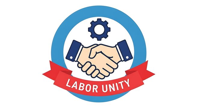 Labor unity logo with handshake gear and red banner symbol for workers rights and solidarity.