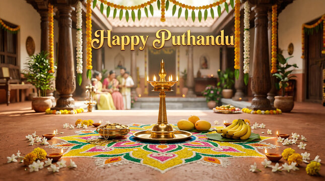 Happy Puthandu, Tamil New Year - Elaborate Puthandu Kolam and Diya Setup