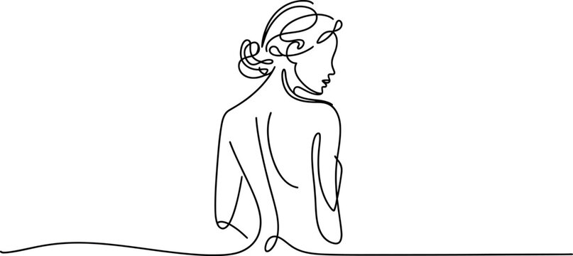 Woman standing back view continuous line drawing minimal silhouette style female figure icon vector illustration