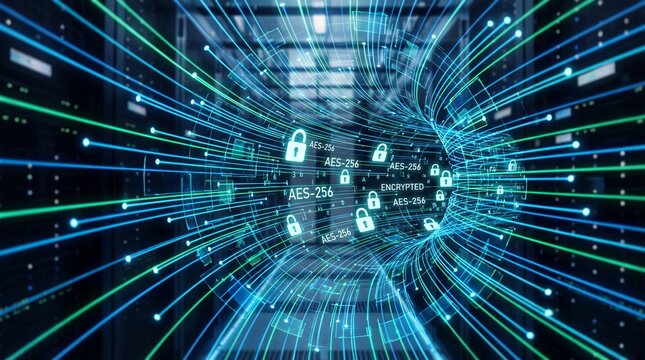 Encrypted data transfer with AES-256 encryption in a secure server room