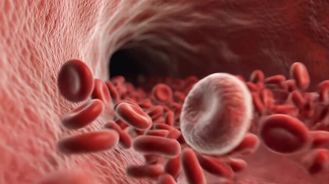 Microscopic view of red blood cells flowing through a blood vessel 2.