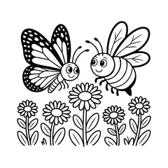 Obraz premium Butterfly and bee flying over flowers coloring page for kids vector illustration