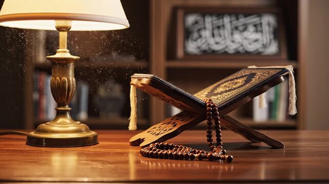Warm light illuminates a holy quran resting open upon a wooden stand, accompanied by prayer beads, with dust motes dancing in the lamp's glow, suggesting a tranquil study