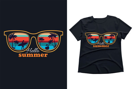 Retro summer beach t-shirt design, sunset sunglasses, palm trees, surfer silhouette, tropical vacation vector illustration