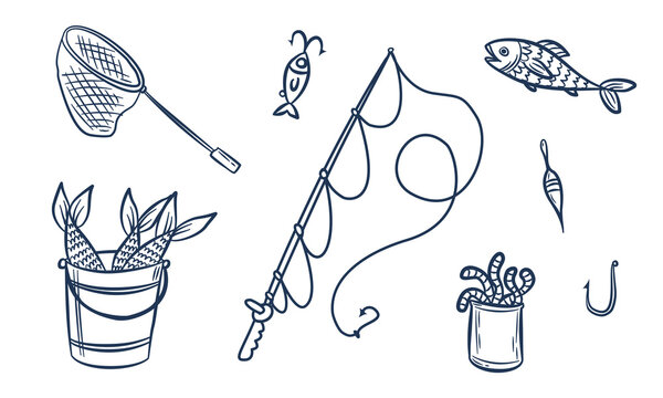 Hand drawn fishing vector set, doodle design of fishing rod, fish in bucket, net and bait, isolated sketch on white background.