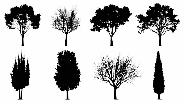 Collection of black silhouette trees with varied shapes and foliage