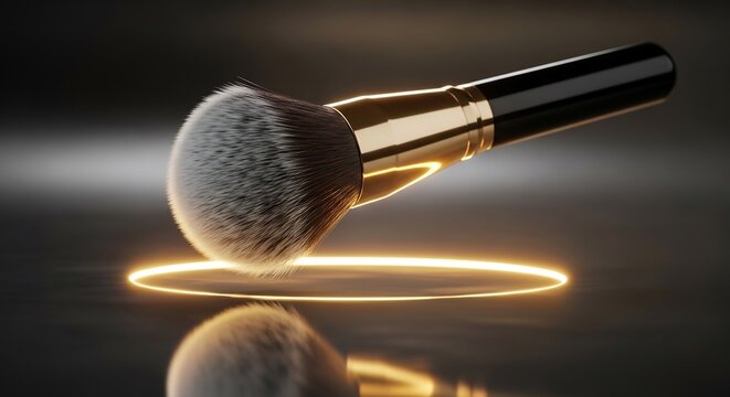 Luxurious Makeup Brush with Golden Accents and Glowing Aura.