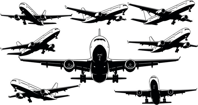 Set of Various Airplanes in Different Angles and Views for Travel, Flight, and Aviation Illustrations.