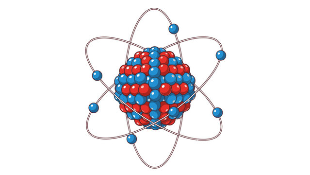 Detailed illustration of an atomic structure model with red and blue spheres and orbiting electrons on a white background.