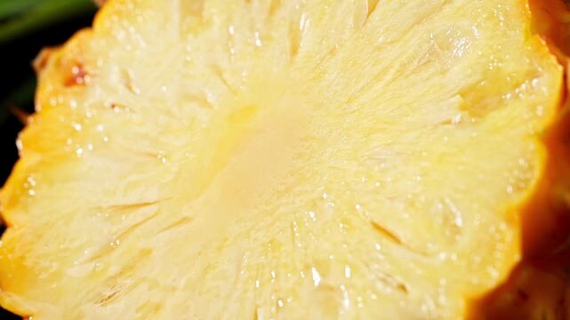 Extreme Macro Close-up of Fresh Pineapple Slice, Pouring Clear Liquid on Juicy Fruit Pulp, Food Commercial Stock Video