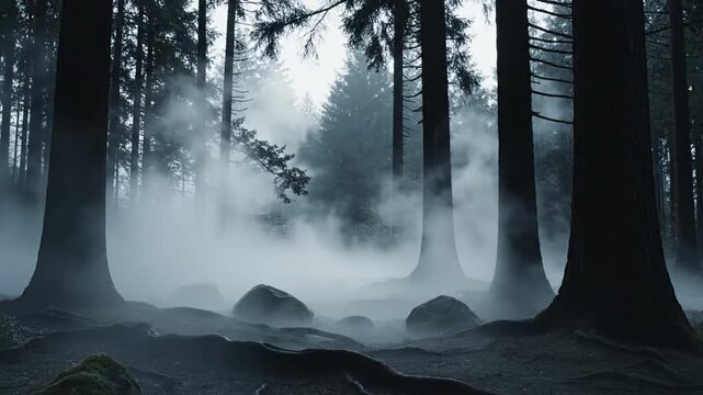 Dense, ethereal forest scene unfolds with wisps of white mist swirling around ancient, towering evergreen trees under a diffused, overcast sky, creating a mysterious and serene