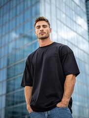 A man wearing a black cotton oversized t-shirt outdoor , mockup clothing template