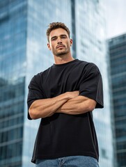 A man wearing a black cotton oversized t-shirt outdoor , mockup clothing template