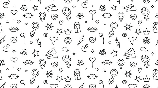 Seamless pattern of feminist symbols and icons on a white background