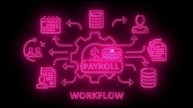 Neon pink illustration of a payroll workflow process on a black background with various business icons.