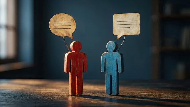 Dialogue Between Two: Visual metaphor illustrating dialogue and communication, with two human figures engaged in conversation, their thoughts represented through speech bubbles.