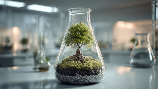 Tampilan dekat botol kaca laboratory glassware berisi cairan hijau segar dari herba mint dan jeruk nipis layaknya minuman teh dingin atau jus sehat yang terpencil di atas latar putih bukan siapa-siapa