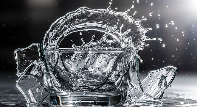 Shards of glass explode outwards as liquid splashes high from a broken drinking vessel