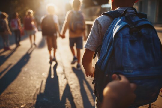 Aggressive student pulling backpack of younger classmate