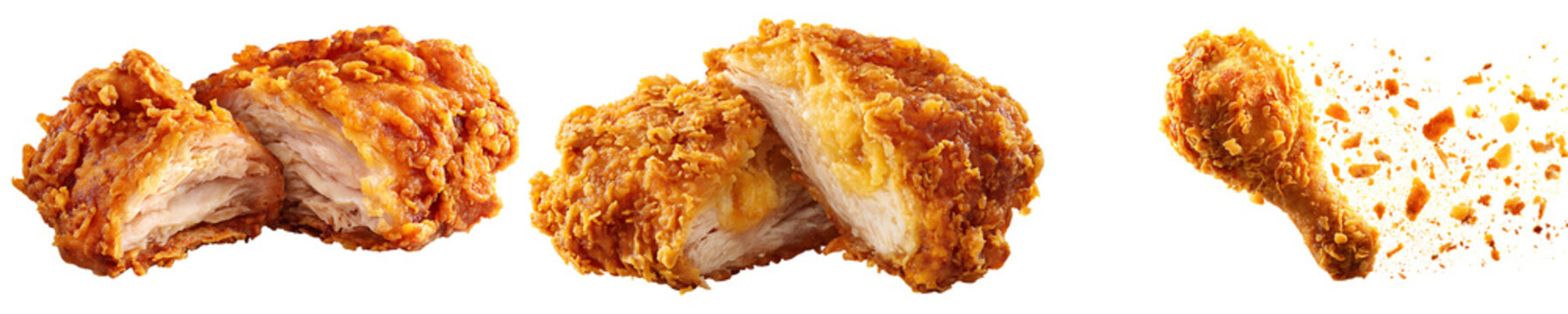Crispy fried chicken pieces on transparent background with crumbs