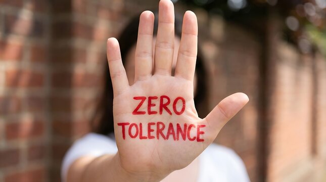 Zero Tolerance Policy Concept, Stop Sign Hand with Red Text Against Discrimination, Violence, and Harassment