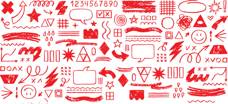This image features a diverse array of red hand-drawn symbols and icons on a clean white background. The collection includes arrows, stars, speech bubbles, numbers, and various geometric