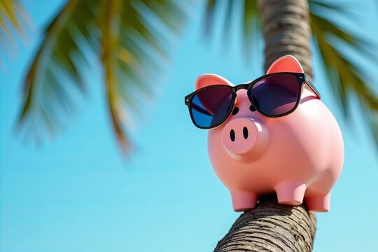 Playful Image of Pink Piggy Bank with Sunglasses on Palm Tree Trunk against Blue Sky- Great for Depicting Retirement Savings