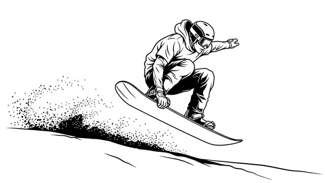 A snowboarder in a crouched position rides down a snowy slope with a stylized illustration effect and monochromatic color scheme on a plain white background.