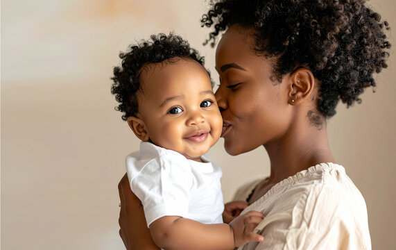 Madre joven afro besando a su beb&eacute; sonriente con amor maternal, concepto de maternidad, familia, cuidado y bienestar infantil y familiar con fondo neutro y espacio para copy