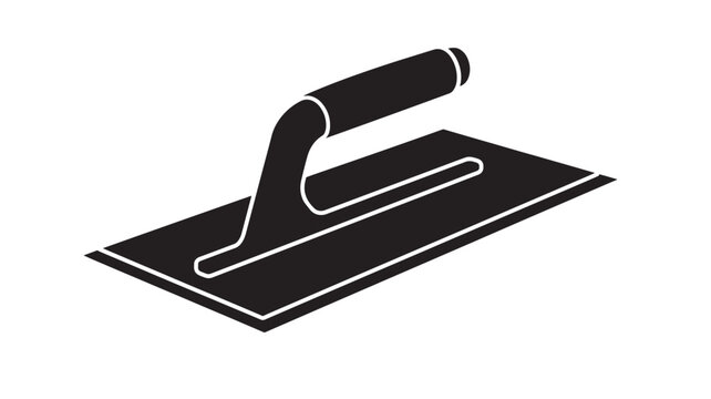 Trowel tool with a black ergonomic handle used for plastering and smoothing concrete surfaces with precision