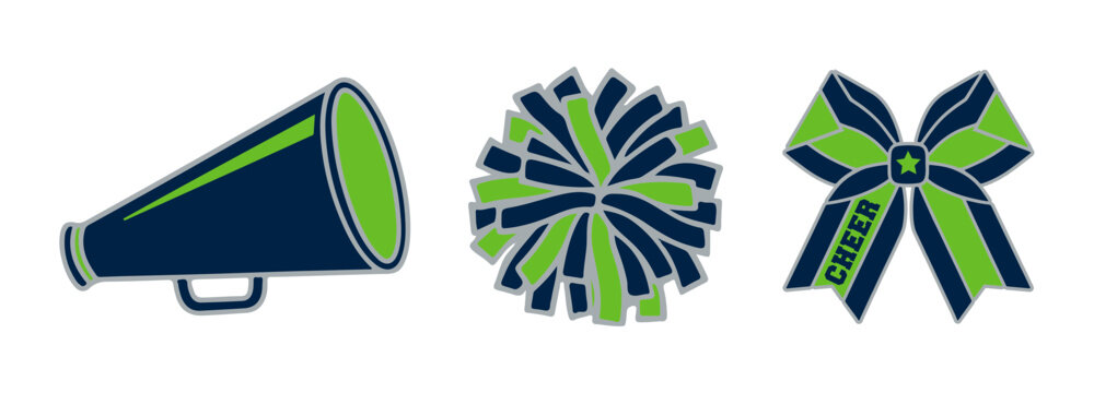 Cheerleading Graphic Bundle- Navy Blue and Green Megaphone, Pom-pom, and Cheer Bow Vector Set