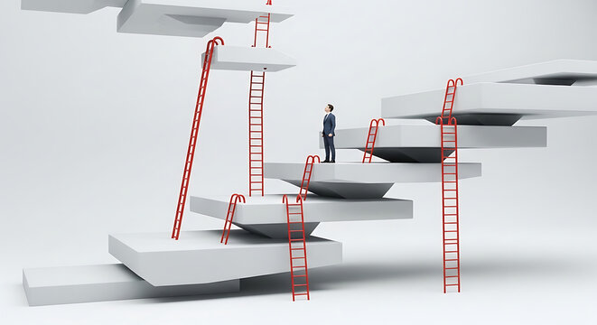 Businessman contemplating a convoluted path of floating white platforms connected by red ladders, symbolizing strategic challenges, growth opportunities, and the intricate journey to success