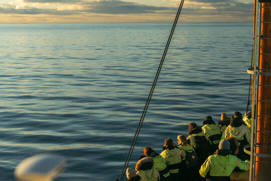 View of people aboard a ship gazing out at the tranquil, sun-kissed ocean under a pastel sky, creating a serene maritime moment, Husavik, Nordurthing, Iceland.