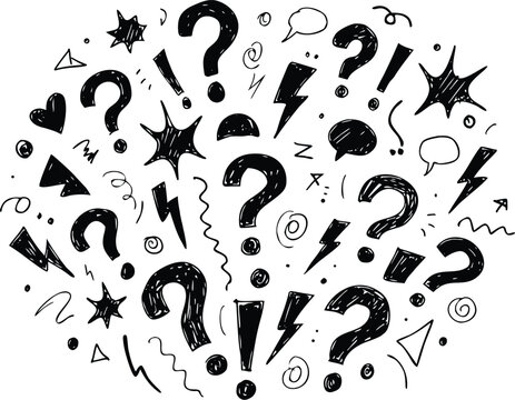 Title doodle collection question marks exclamation points stars and abstract shapes description a chaotic yet artistic arrangement of hand drawn doodles featuring prominent
