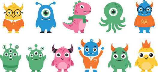 Fototapeta premium Vector Illustration of Cute and Colorful Monster Characters with Various Styles and Expressions on White Background
