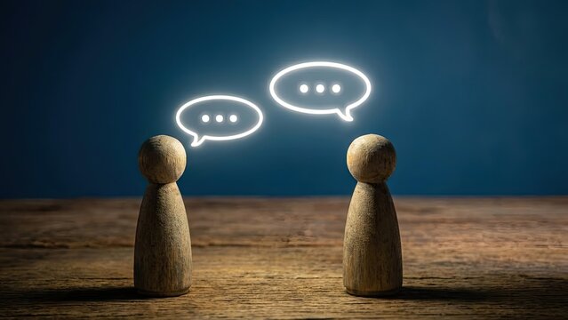 Dialogue in Focus: Two wooden figures engage in a dynamic exchange, with glowing speech bubbles illuminating their conversation, set against a rich, inviting background. 