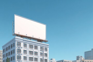 Obraz premium City landmark building with blank billboard mounted, clear blue sky, urban context, photorealistic stock composition.